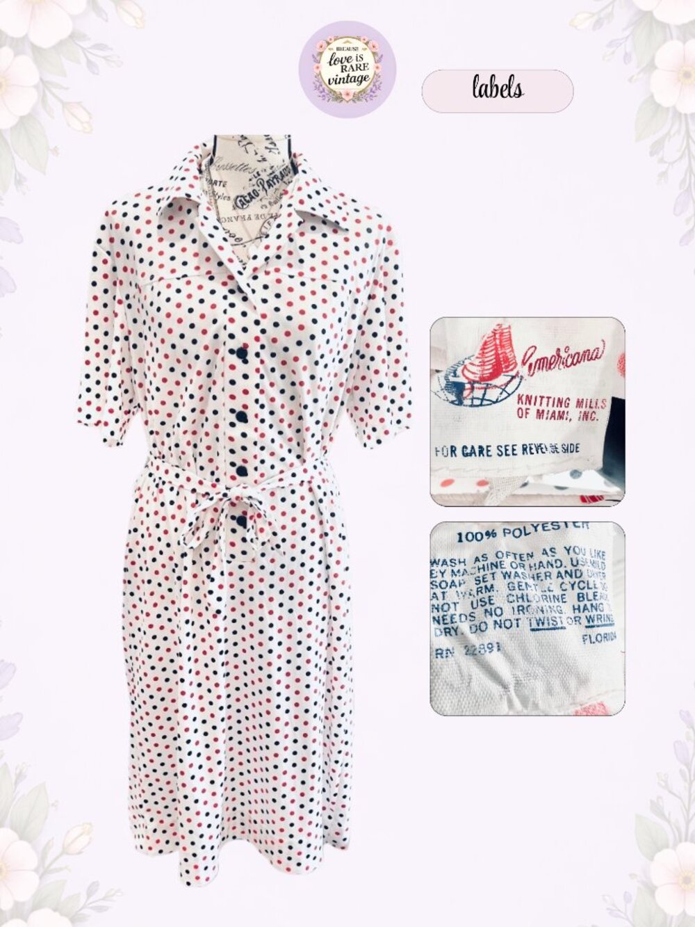 Vintage Red Black Polka Dot Belted Shirtdress • 1970s Americana Day Dress • USA - Picture 7 of 8